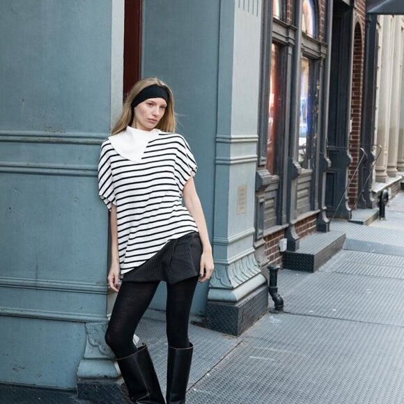 Zara Size L Soft Striped Sweater, Asymmetrical Hem, Split Cowl Neck Collar, NWOT - Picture 1 of 13